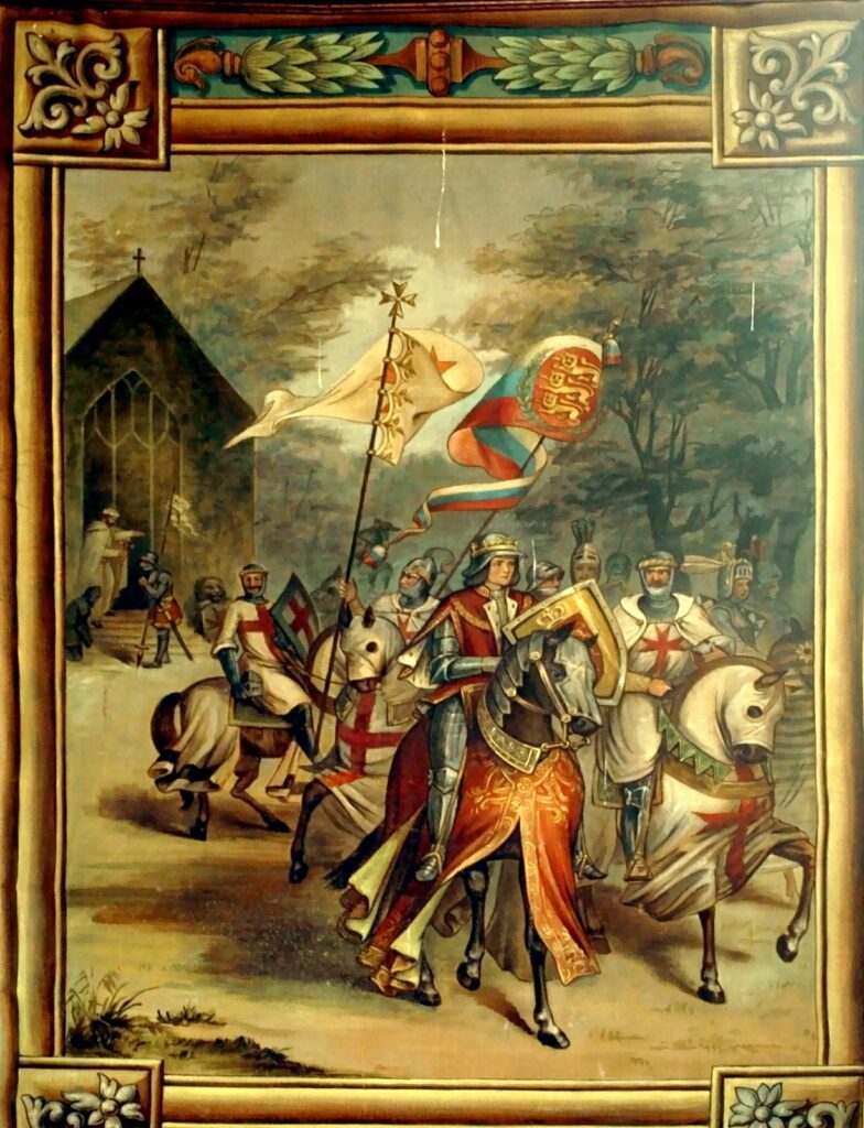 The Knights Templar in nobility escorting a royal dignitary, painting in Rothley Chapel