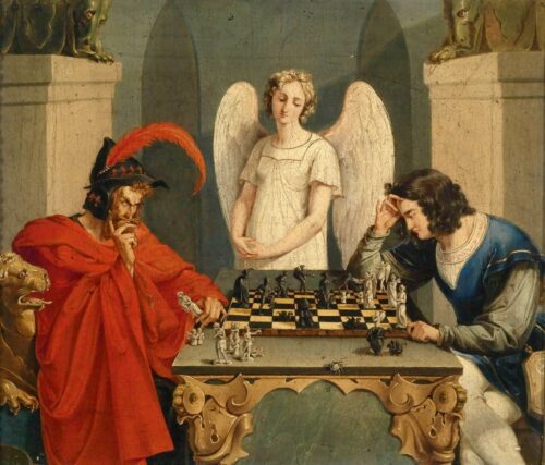 'Faust und Mephisto beim Schachspiel' (ca. 1825 AD) by Friedrich August Moritz Retzsch, also called "Chess with the Devil"
