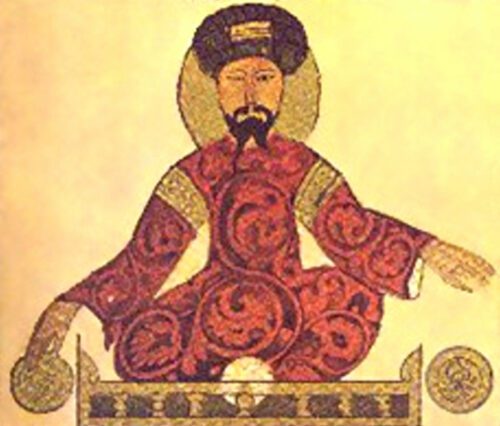 'Salah Ad-Din Jusuf Ibn Ajub' (Saladin), illumination in 12th century Arabian Codex, in the British Library