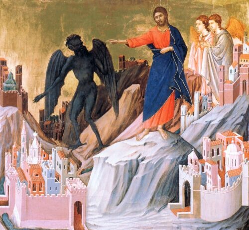 'The Temptation of Christ on the Mountain' (ca. 1310 AD) by Duccio di Buoninsegna, depicting Jesus banishing the Devil