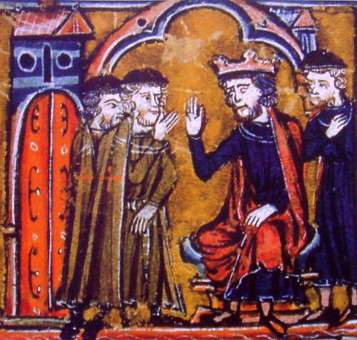 Baldwin II Granting the Temple to Hugues &amp; Gaudefroy with Patriarch Warmund (13th c.) in manuscript 'Histoire d'Outre-Mer' by Guillaume de Tyr (Detail)