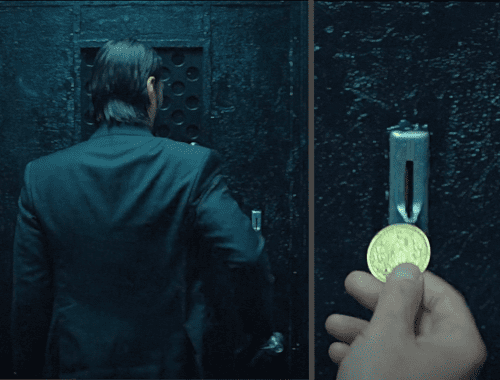 “John Wick 1” film (2014), scene at 0:40 hour, entering the secret door with a Coin